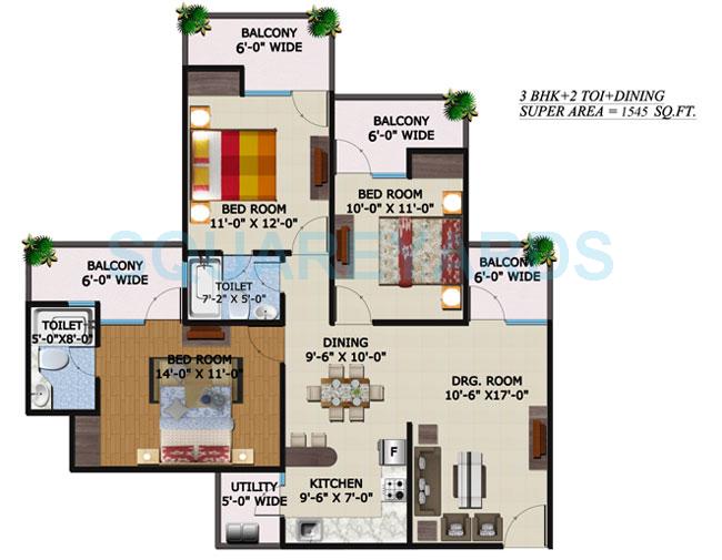 Floor plan of 3 BHK 1545 Sq. Ft. Apartment in Supertech Ecovillage II, Greater Noida