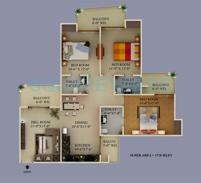Floor plan of 3 BHK 1718 Sq. Ft. Apartment in Supertech Ecovillage II, Greater Noida