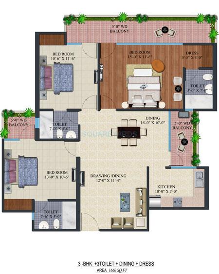 Floor plan of 3 BHK 1660 Sq. Ft. Apartment in Supertech Ecovillage II, Greater Noida