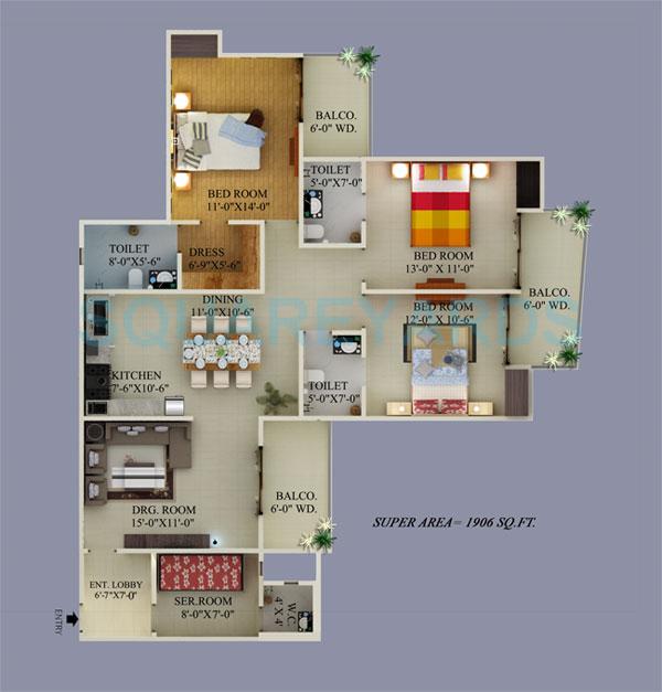 Floor plan of 3 BHK 1906 Sq. Ft. Apartment in Supertech Ecovillage II, Greater Noida