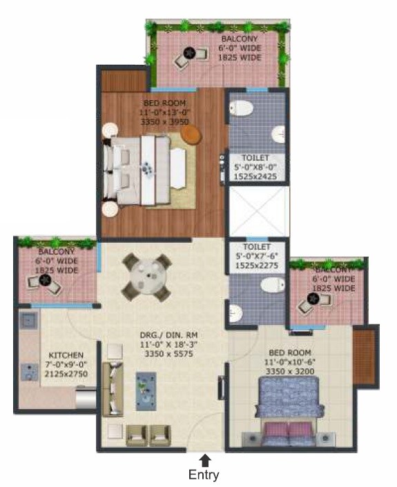 Floor plan of 2 BHK 1105 Sq. Ft. Apartment in Supertech EcoVillage III, Greater Noida
