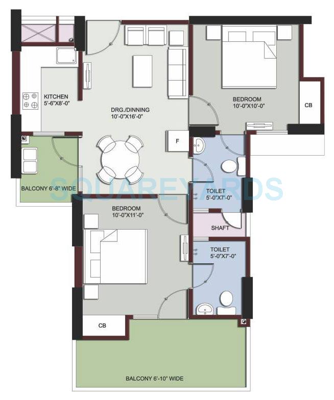 Floor plan of 2 BHK 840 Sq. Ft. Apartment in Supertech EcoVillage III, Greater Noida