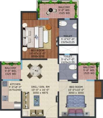 Floor plan of 2 BHK 925 Sq. Ft. Apartment in Supertech EcoVillage III, Greater Noida