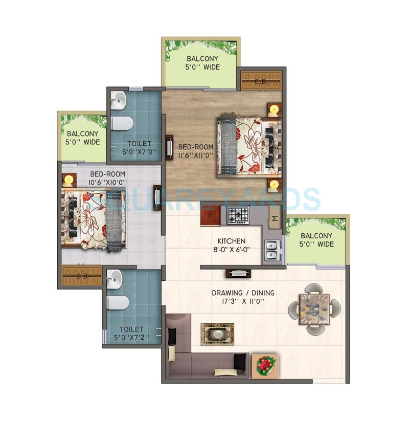 Floor plan of 2 BHK 956 Sq. Ft. Apartment in Supertech EcoVillage III, Greater Noida
