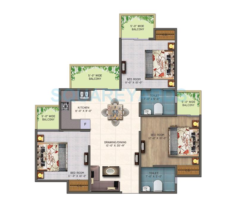 Floor plan of 3 BHK 1175 Sq. Ft. Apartment in Supertech EcoVillage III, Greater Noida