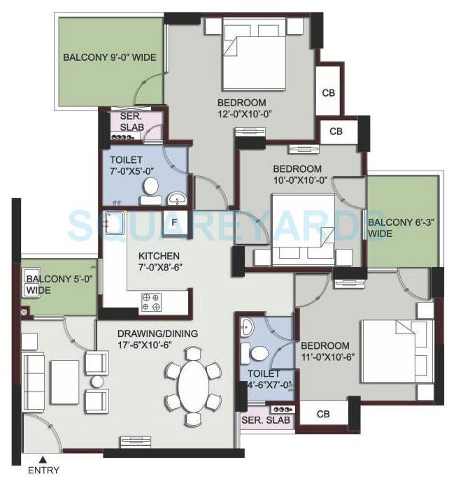 Floor plan of 3 BHK 1230 Sq. Ft. Apartment in Supertech EcoVillage III, Greater Noida