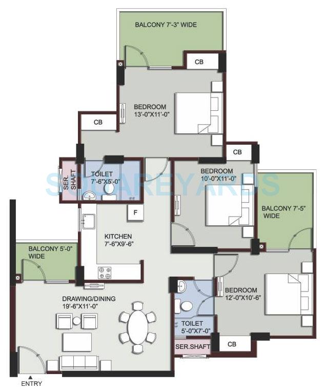 Floor plan of 3 BHK 1420 Sq. Ft. Apartment in Supertech EcoVillage III, Greater Noida