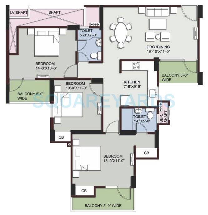 Floor plan of 3 BHK 1459 Sq. Ft. Apartment in Supertech EcoVillage III, Greater Noida