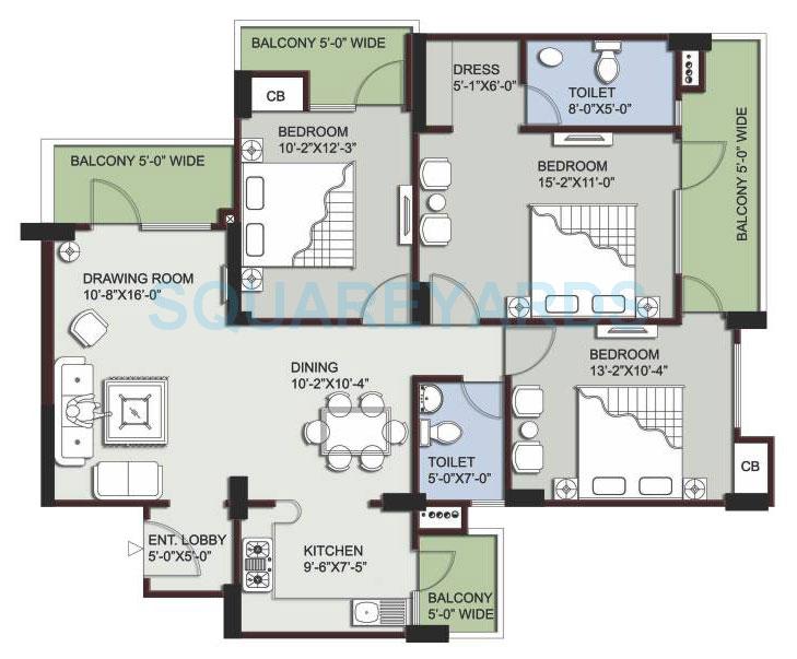 Floor plan of 3 BHK 1585 Sq. Ft. Apartment in Supertech EcoVillage III, Greater Noida