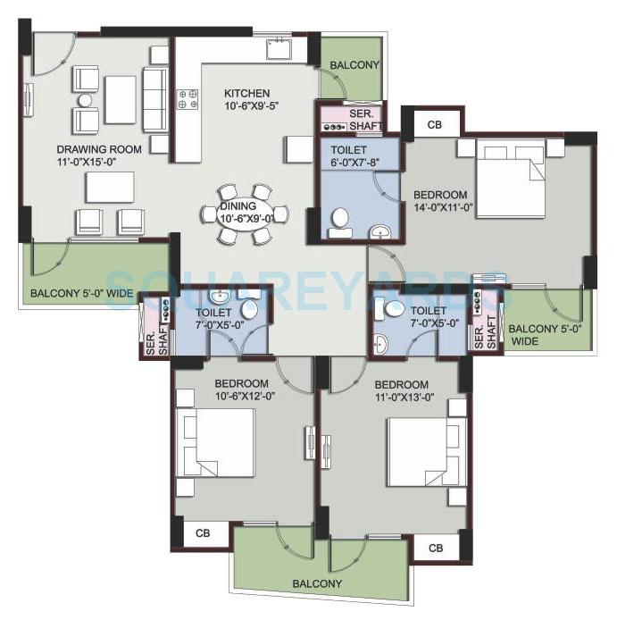 Floor plan of 3 BHK 1649 Sq. Ft. Apartment in Supertech EcoVillage III, Greater Noida