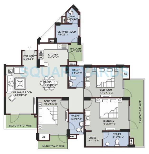 Floor plan of 3 BHK 1850 Sq. Ft. Apartment in Supertech EcoVillage III, Greater Noida