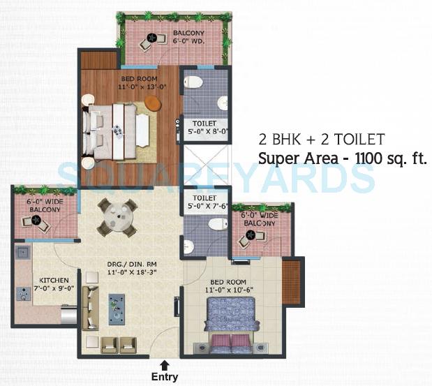 Floor plan of 2 BHK 1100 Sq. Ft. Apartment in Supertech Ecovillage IV, Greater Noida