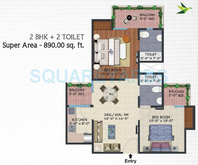 Floor plan of 2 BHK 890 Sq. Ft. Apartment in Supertech Ecovillage IV, Greater Noida
