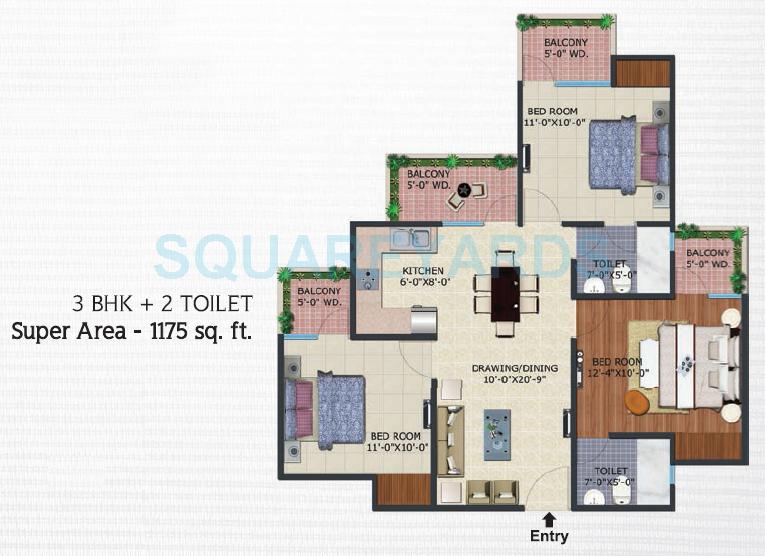 Floor plan of 3 BHK 1175 Sq. Ft. Apartment in Supertech Ecovillage IV, Greater Noida
