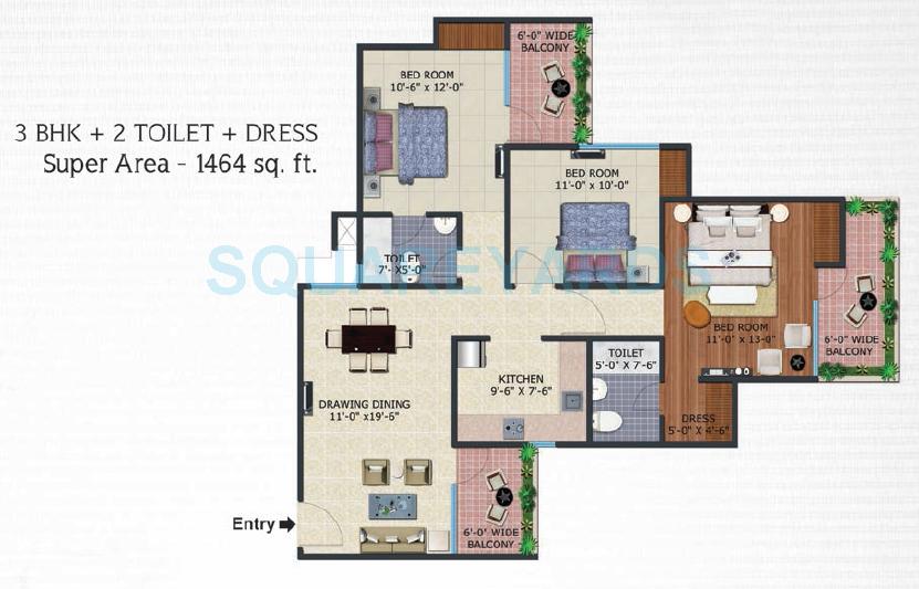 Floor plan of 3 BHK 1464 Sq. Ft. Apartment in Supertech Ecovillage IV, Greater Noida