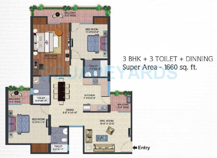 Floor plan of 3 BHK 1660 Sq. Ft. Apartment in Supertech Ecovillage IV, Greater Noida