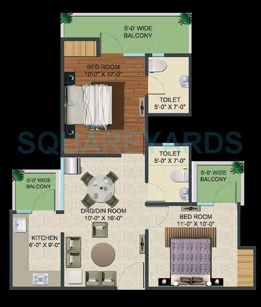 Floor plan of 2 BHK 1000 Sq. Ft. Apartment in Supertech Fable Castle, Greater Noida