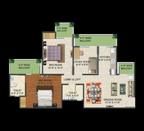 Floor plan of 2 BHK 1255 Sq. Ft. Apartment in Supertech Fable Castle, Greater Noida