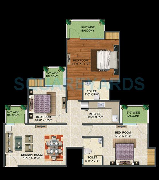 Floor plan of 3 BHK 1440 Sq. Ft. Apartment in Supertech Fable Castle, Greater Noida