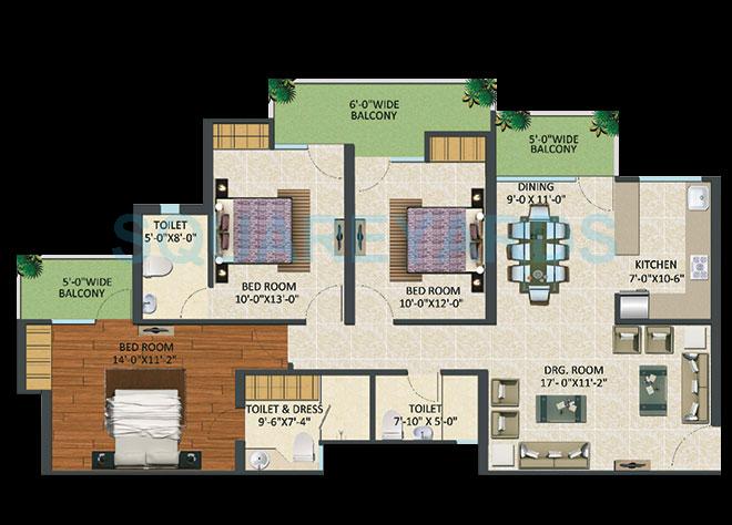 Floor plan of 3 BHK 1725 Sq. Ft. Apartment in Supertech Fable Castle, Greater Noida