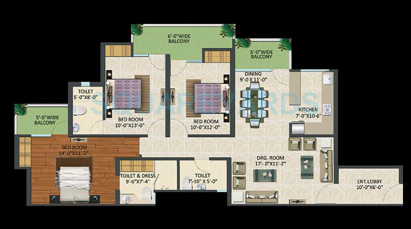 Floor plan of 3 BHK 1820 Sq. Ft. Apartment in Supertech Fable Castle, Greater Noida