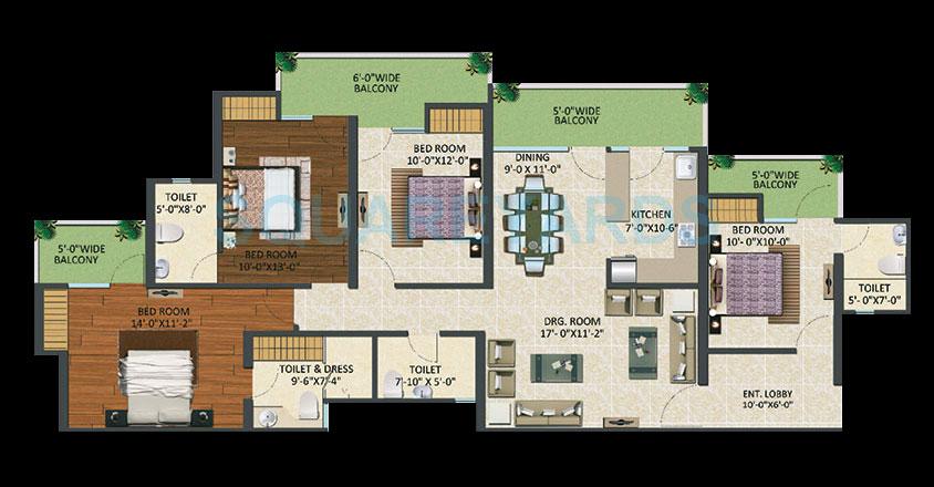Floor plan of 4 BHK 2125 Sq. Ft. Apartment in Supertech Fable Castle, Greater Noida
