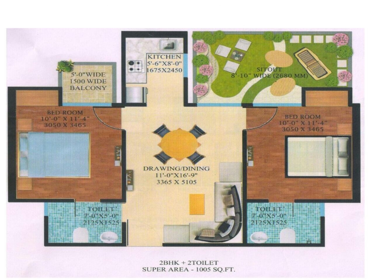 Floor plan of 2 BHK 1005 Sq. Ft. Apartment in Supertech Garden Homes, Greater Noida