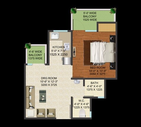 Floor plan of 1 BHK 690 Sq. Ft. Apartment in Supertech Golf Country Village, Greater Noida