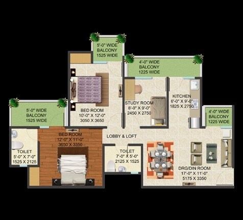 Floor plan of 2 BHK 1255 Sq. Ft. Apartment in Supertech Golf Country Village, Greater Noida