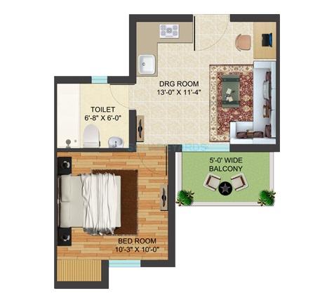 Floor plan of 1 BHK 590 Sq. Ft. Apartment in Supertech Golf Country Suites, Greater Noida