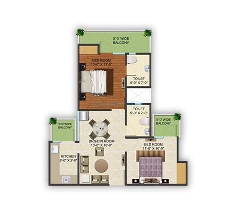 Floor plan of 2 BHK 1000 Sq. Ft. Apartment in Supertech Golf Country Village, Greater Noida