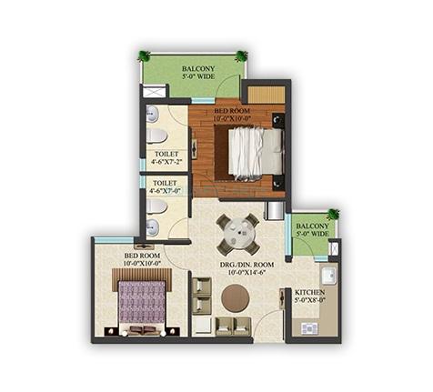 Floor plan of 2 BHK 810 Sq. Ft. Apartment in Supertech Golf Country Village, Greater Noida