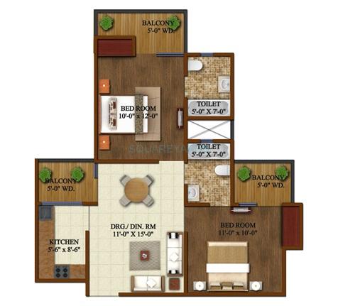 Floor plan of 2 BHK 900 Sq. Ft. Apartment in Supertech UpCountry Grand Circuit, Greater Noida