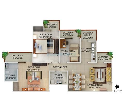 Floor plan of 2 BHK 1155 Sq. Ft. Apartment in Supertech UpCountry Grand Circuit, Greater Noida