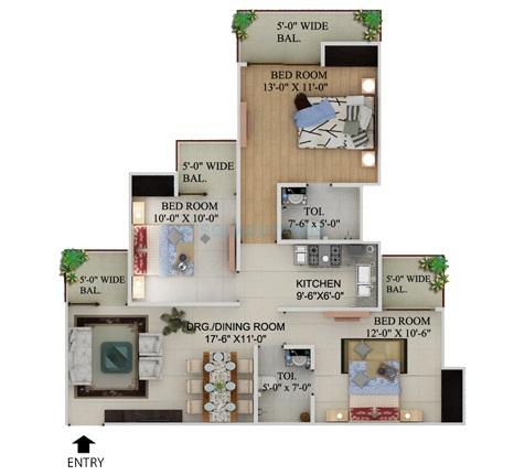 Floor plan of 3 BHK 1295 Sq. Ft. Apartment in Supertech UpCountry Grand Circuit, Greater Noida