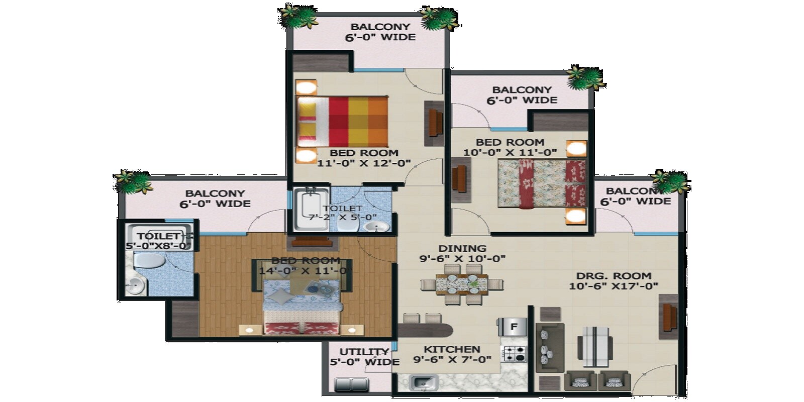 Floor plan of 3 BHK 1545 Sq. Ft. Apartment in Supertech King Towers, Greater Noida