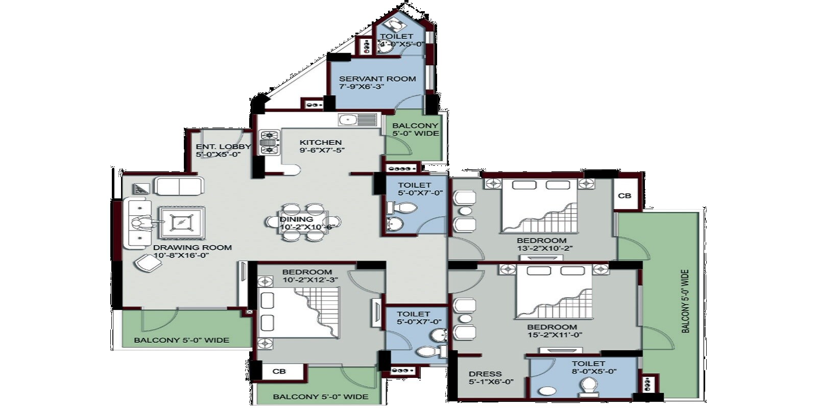 Floor plan of 3 BHK 1850 Sq. Ft. Apartment in Supertech King Towers, Greater Noida