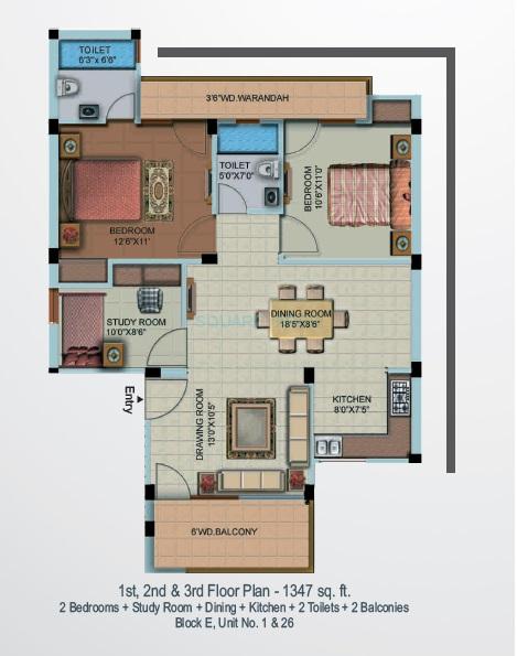 Floor plan of 2 BHK 1347 Sq. Ft. Ind Floor in Supertech Oxford Square, Greater Noida