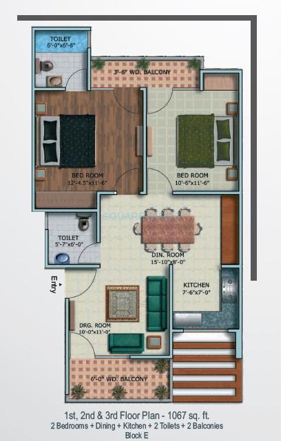 Floor plan of 2 BHK 1067 Sq. Ft. Ind Floor in Supertech Oxford Square, Greater Noida