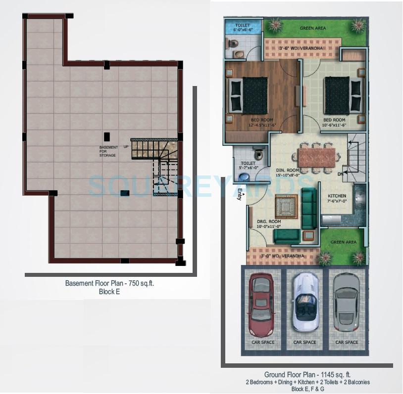 Floor plan of 2 BHK 1145 Sq. Ft. Ind Floor in Supertech Oxford Square, Greater Noida