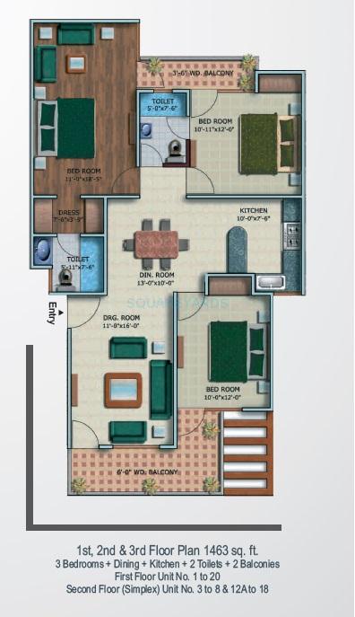 Floor plan of 3 BHK 1463 Sq. Ft. Ind Floor in Supertech Oxford Square, Greater Noida