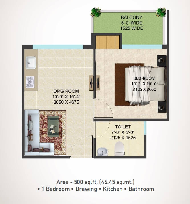 Floor plan of 1 BHK 500 Sq. Ft. Apartment in Supertech Shaan, Greater Noida