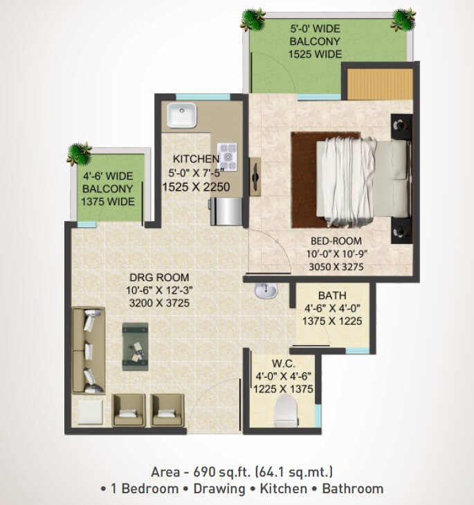Floor plan of 1 BHK 690 Sq. Ft. Apartment in Supertech Shaan, Greater Noida