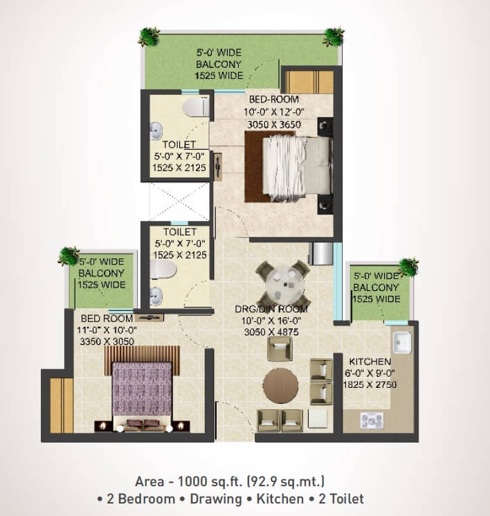 Floor plan of 2 BHK 1000 Sq. Ft. Apartment in Supertech Shaan, Greater Noida