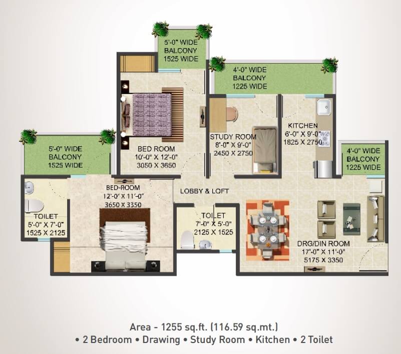 Floor plan of 2 BHK 1255 Sq. Ft. Apartment in Supertech Shaan, Greater Noida