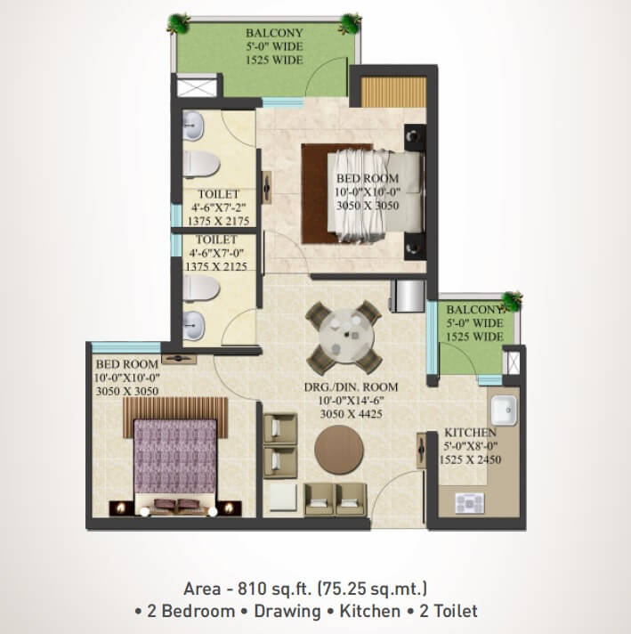 Floor plan of 2 BHK 810 Sq. Ft. Apartment in Supertech Shaan, Greater Noida