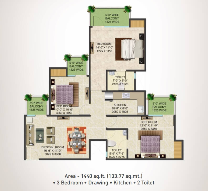 Floor plan of 3 BHK 1440 Sq. Ft. Apartment in Supertech Shaan, Greater Noida