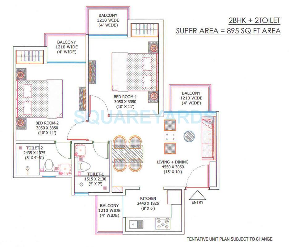 Floor plan of 2 BHK 895 Sq. Ft. Apartment in Supertech Sports Republik, Greater Noida