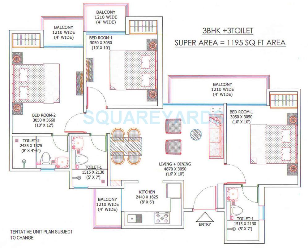 Floor plan of 3 BHK 1195 Sq. Ft. Apartment in Supertech Sports Republik, Greater Noida
