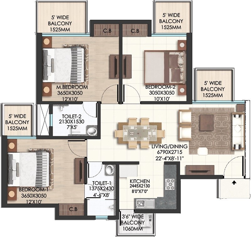 3 BHK 1253 Sq. Ft. Apartment